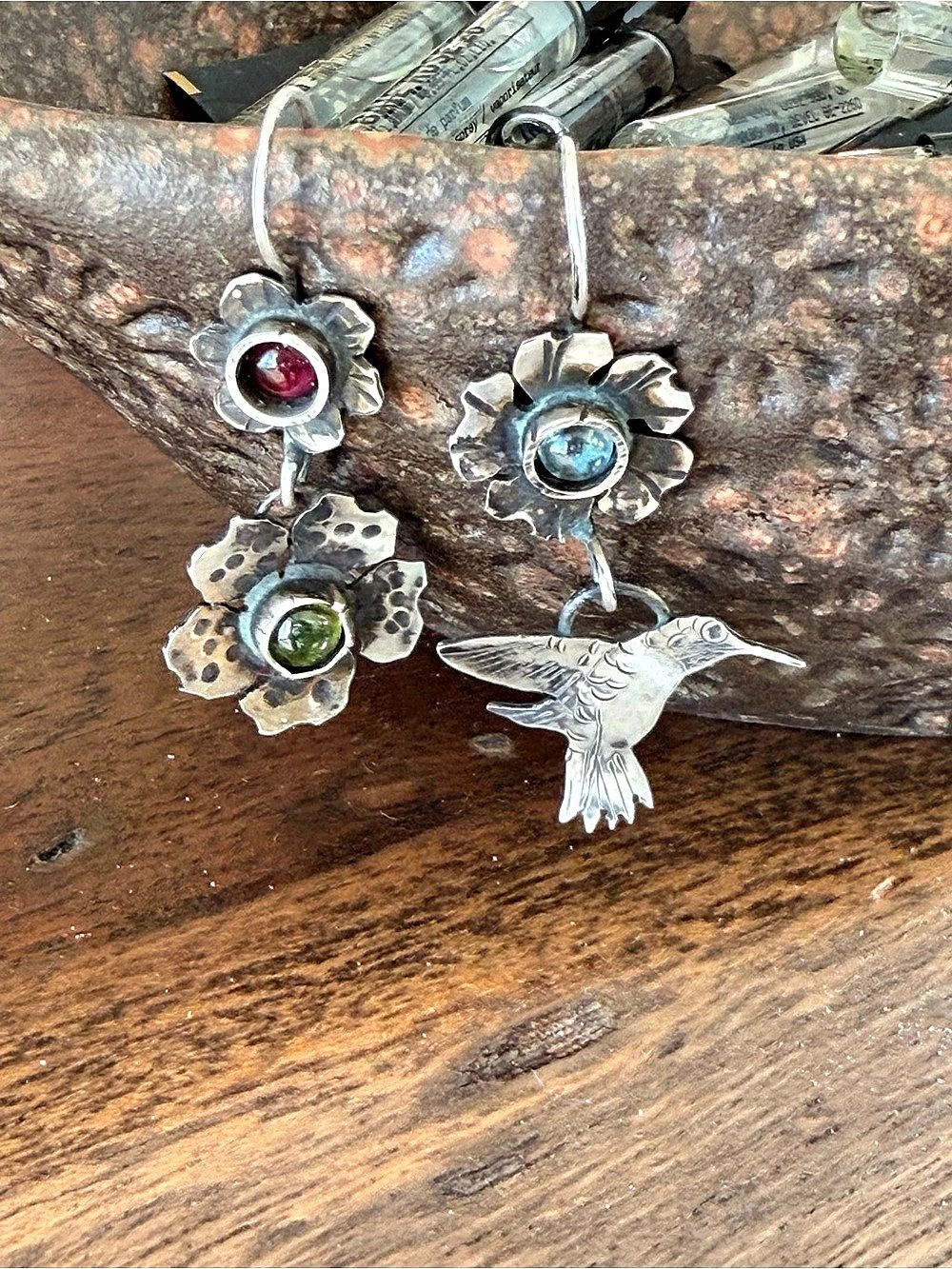Arty,Incredible Mismatched Floral Hummingbird Dangle Earrings.
